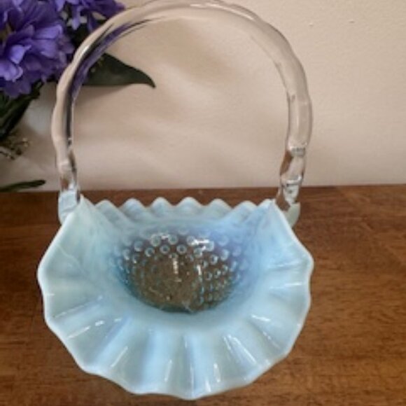 Fenton Hobnail Blue Opalescent Ruffled Basket Clear Twisted Handle Vintage Glass - Picture 5 of 5